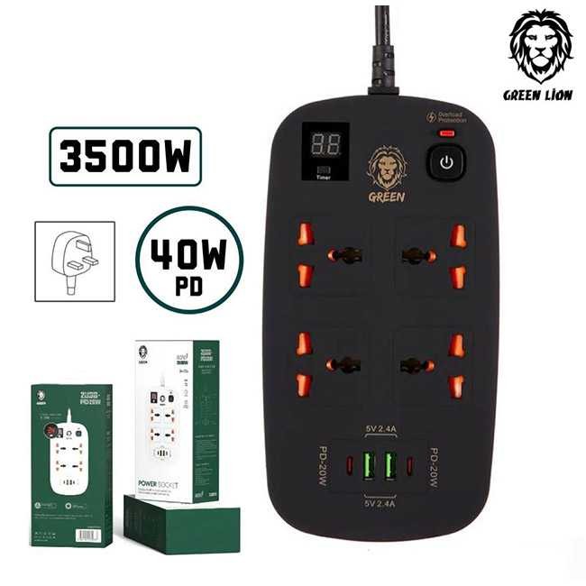  Green 4 AC 2 USB & 2 USB-C PD 40W Multiport Smart Power Socket 3500W 3M - Black