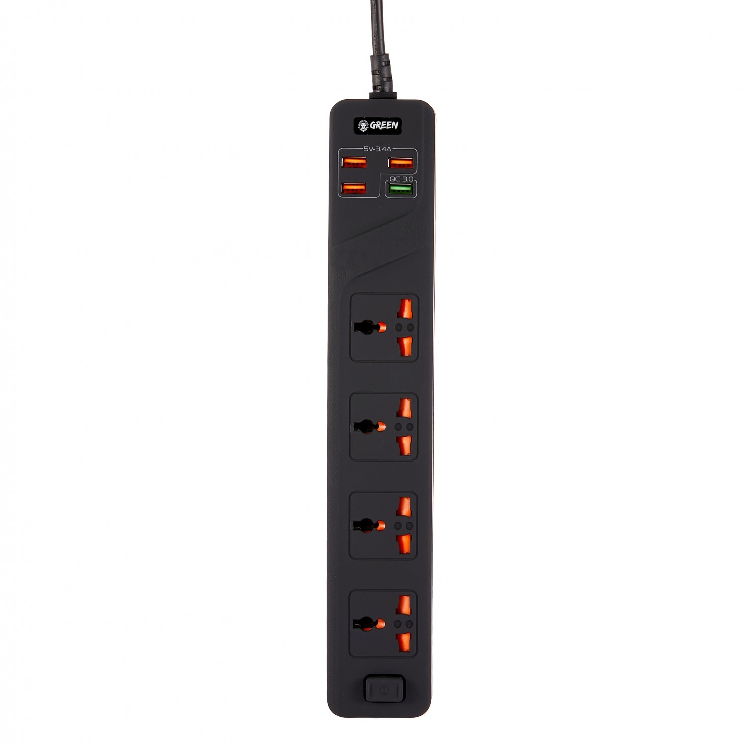 Green 4 AC 4 USB 3.4A QC3.0 Multiport Smart Power Socket 3000W 3M - Black