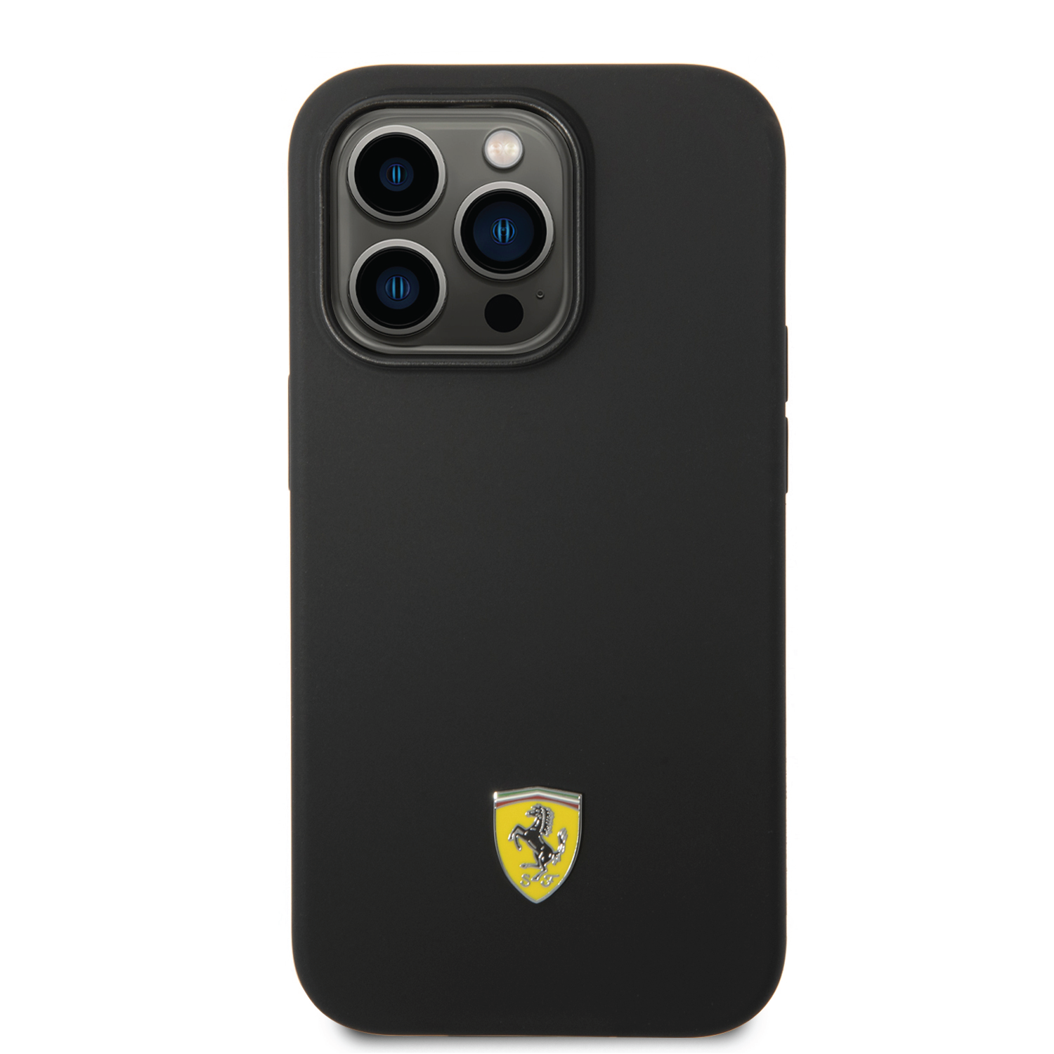 Ferrari Liquid Silicone Case Black Camera Outline & Metal Logo iPhone 14 Pro