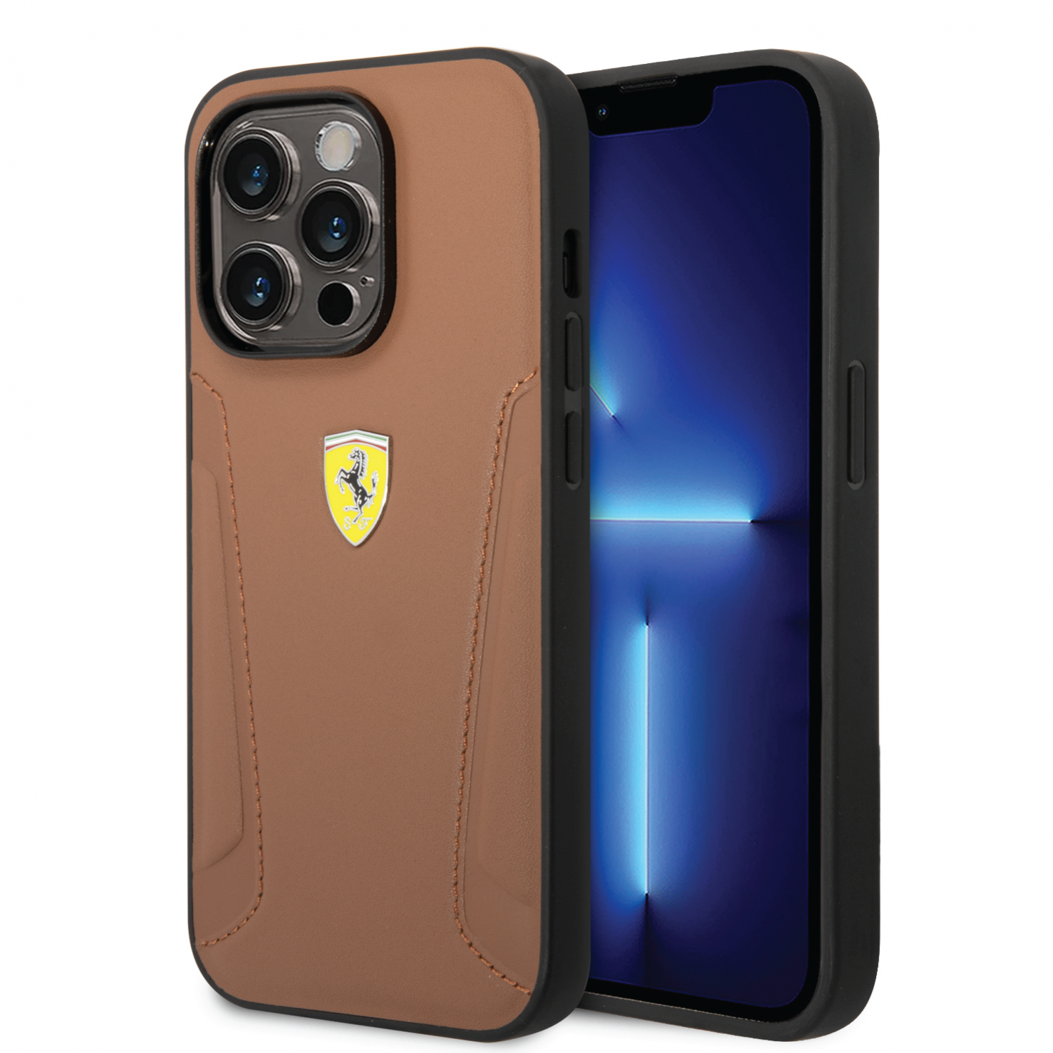 Ferrari Leather Case With Hot Stamped Sides & Yellow Shield Logo For iPhone 14 Pro Ma