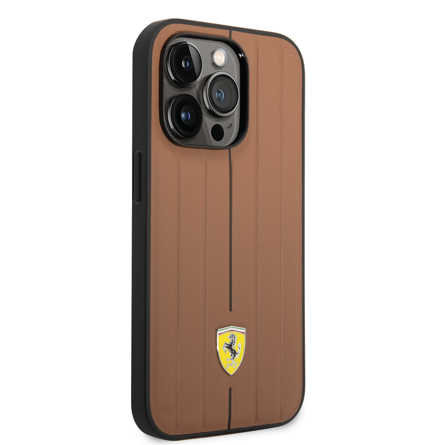 Ferrari Leather Case With Embossed Stripes & Yellow Shield Logo For iPhone 14 Pro Max