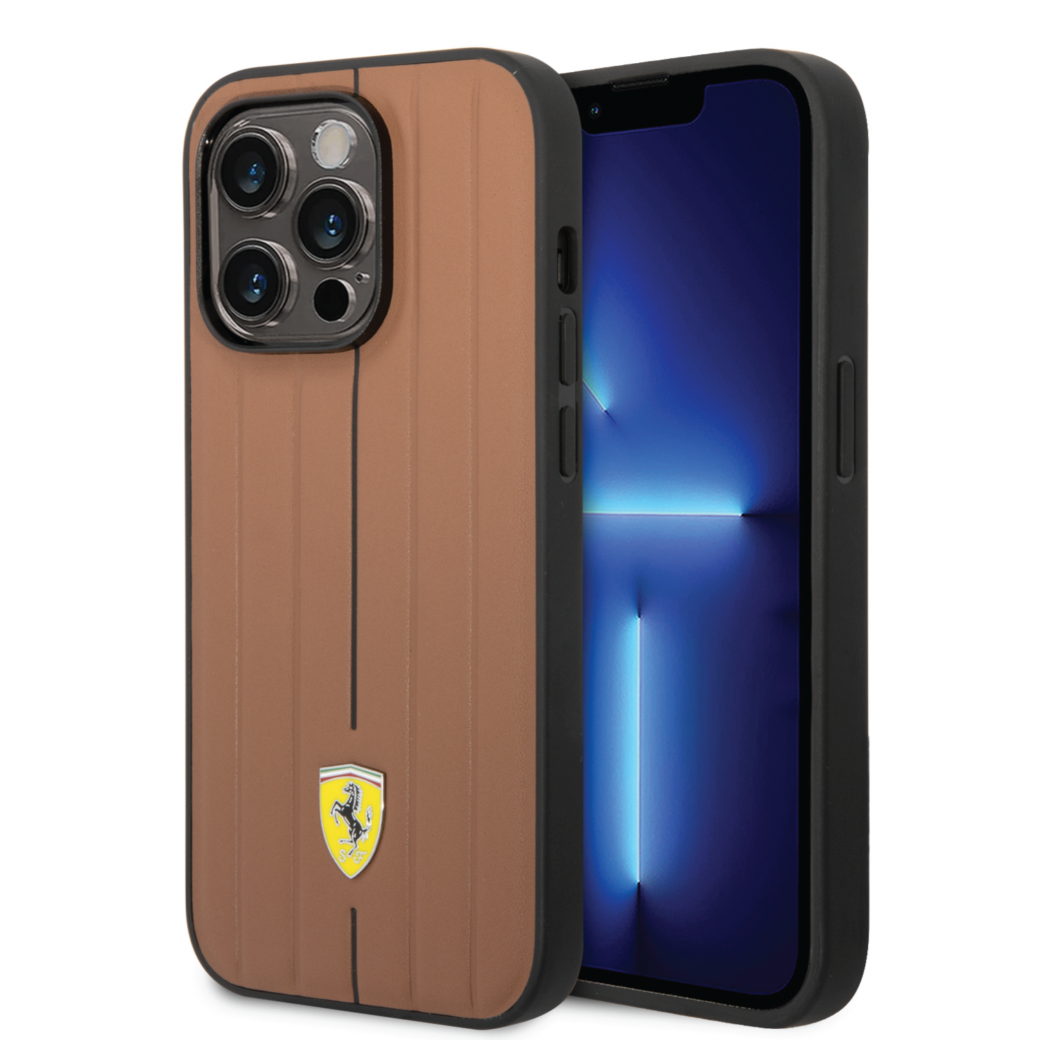 Ferrari Leather Case With Embossed Stripes & Yellow Shield Logo For iPhone 14 Pro