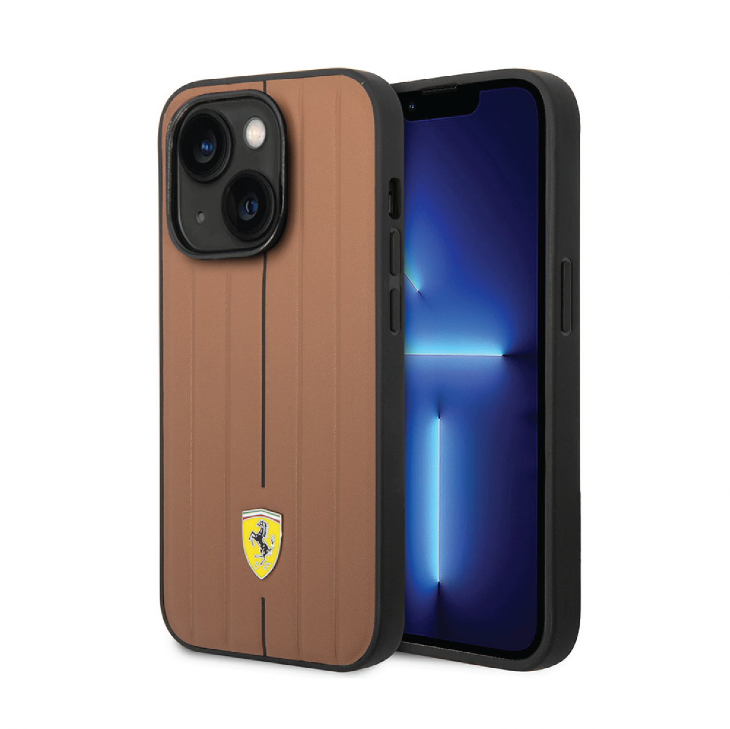 Ferrari Leather Case With Embossed Stripes & Yellow Shield Logo For iPhone 14 Plus -