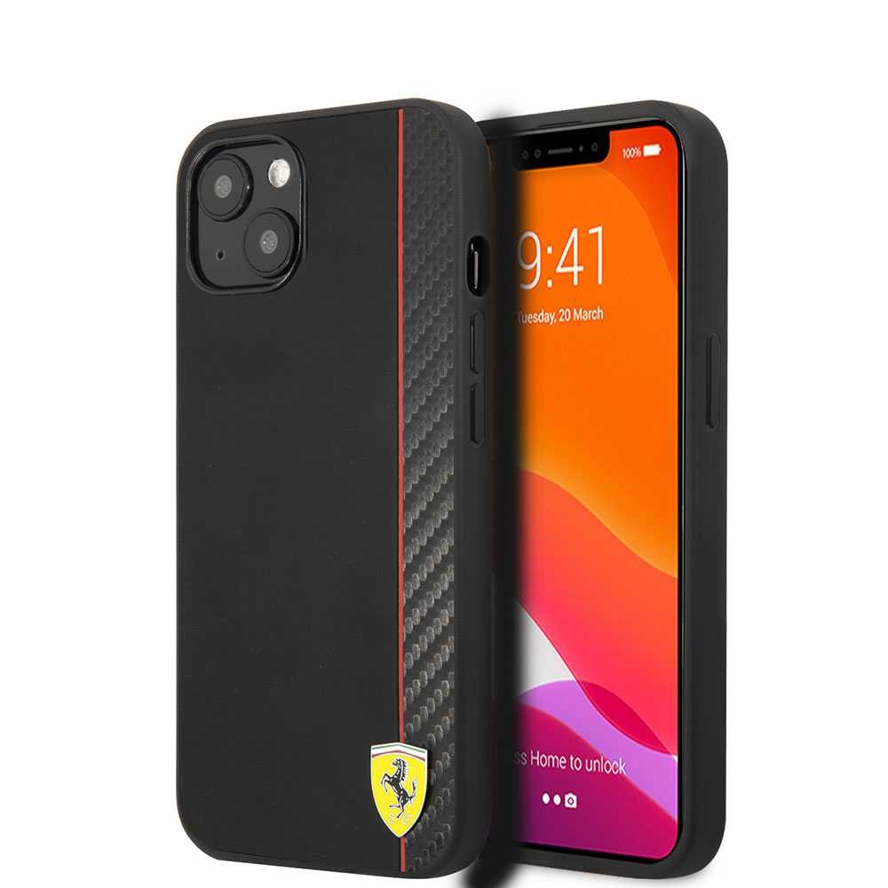 Ferrari Hard Case PU Smooth And Carbon Effect Vertical Stripe Metal Logo For iPhone