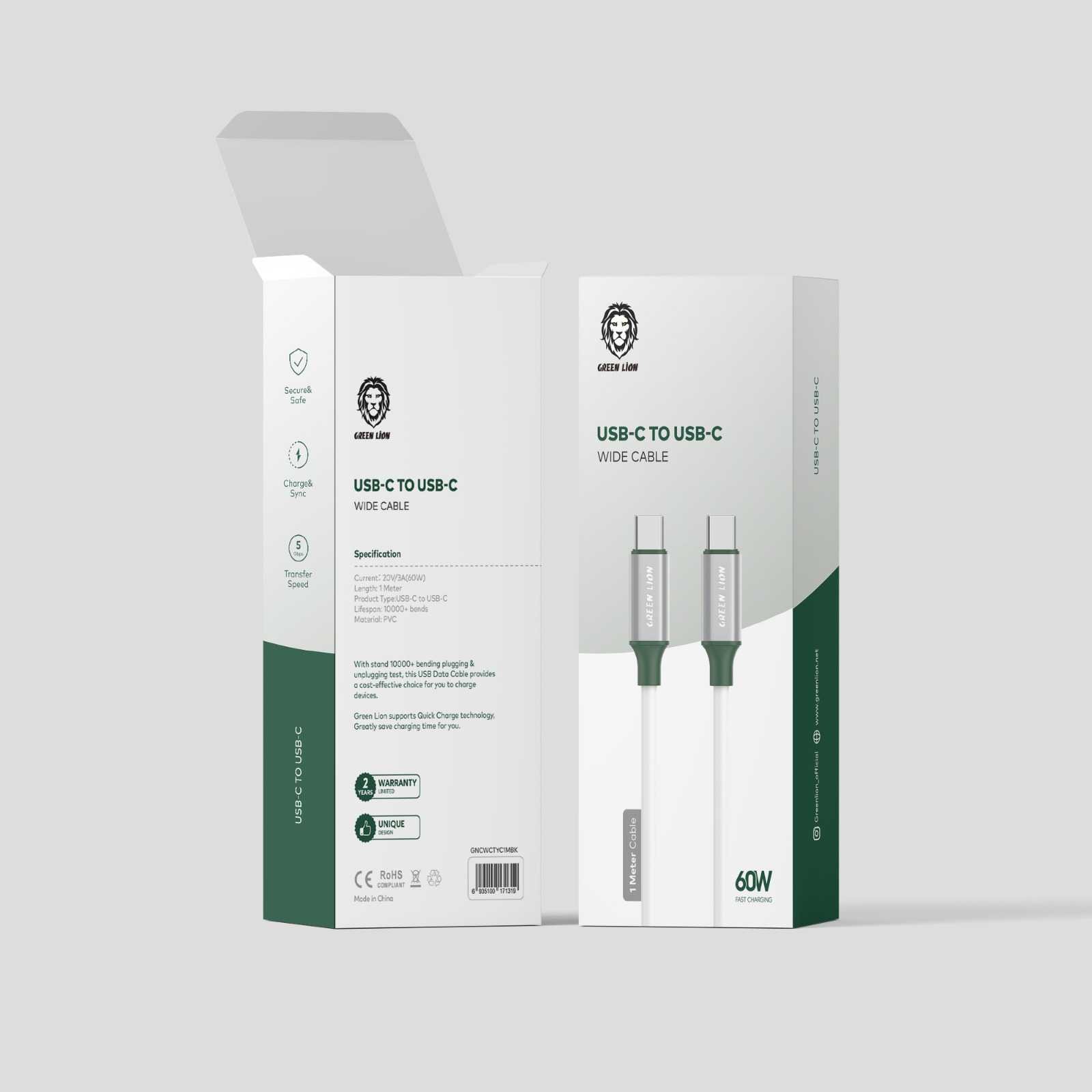 Green Lion PVC USB-C to Type-C Wide Cable 1M PD 60W - White