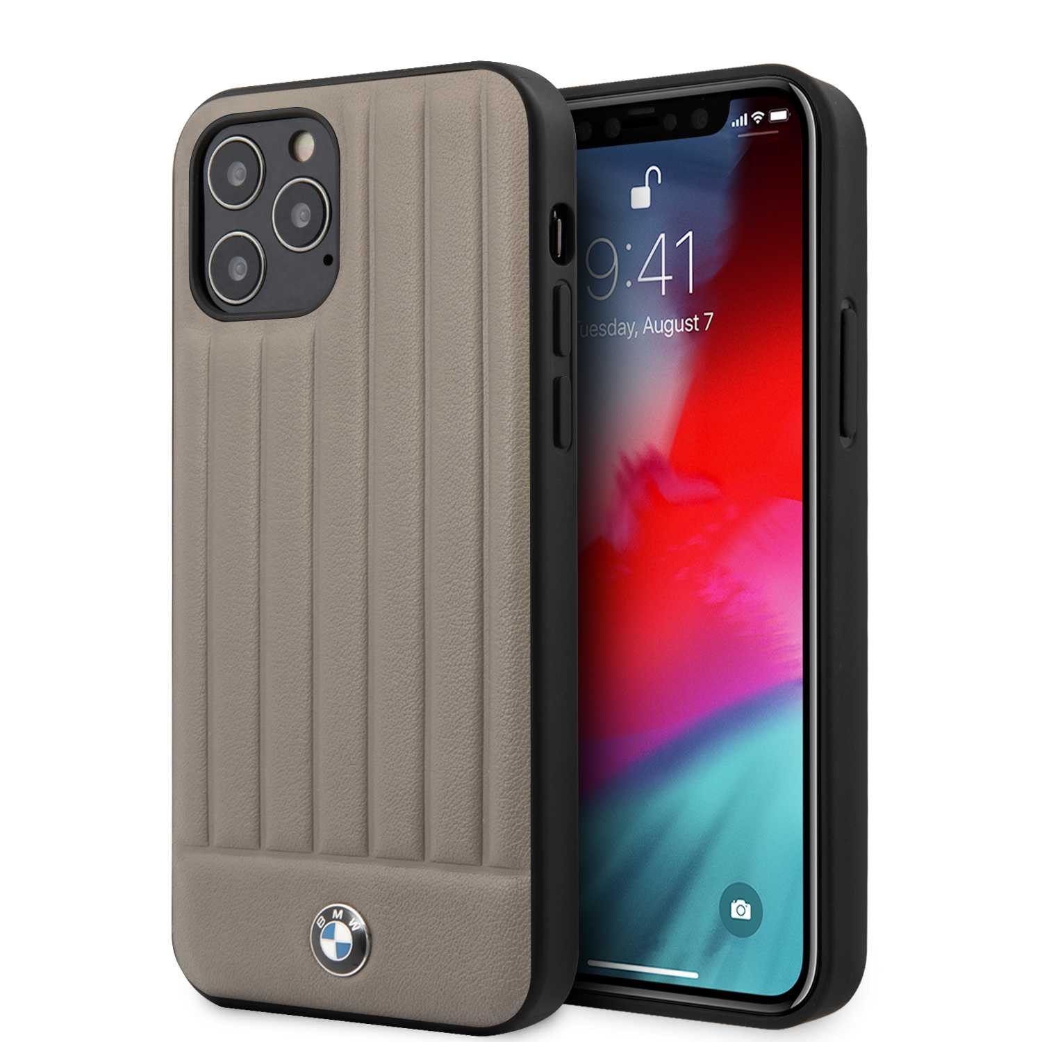 CG Mobile BMW PC/TPU Shiny Hard Case Genuine Leather with Vertical Hot Stamped Lines Compatible for iPhone 12 / 12 Pro (6.1") Shock & Scratch Resistant, Easy Access