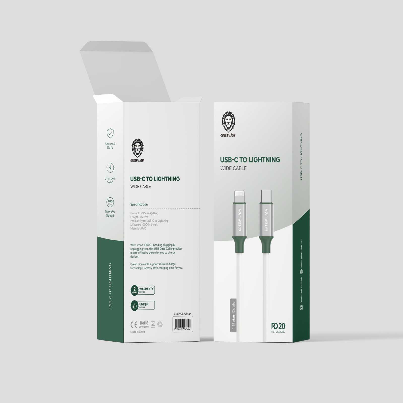 Green Lion PVC USB-C to Lightning Wide Cable  1M PD 20W - White