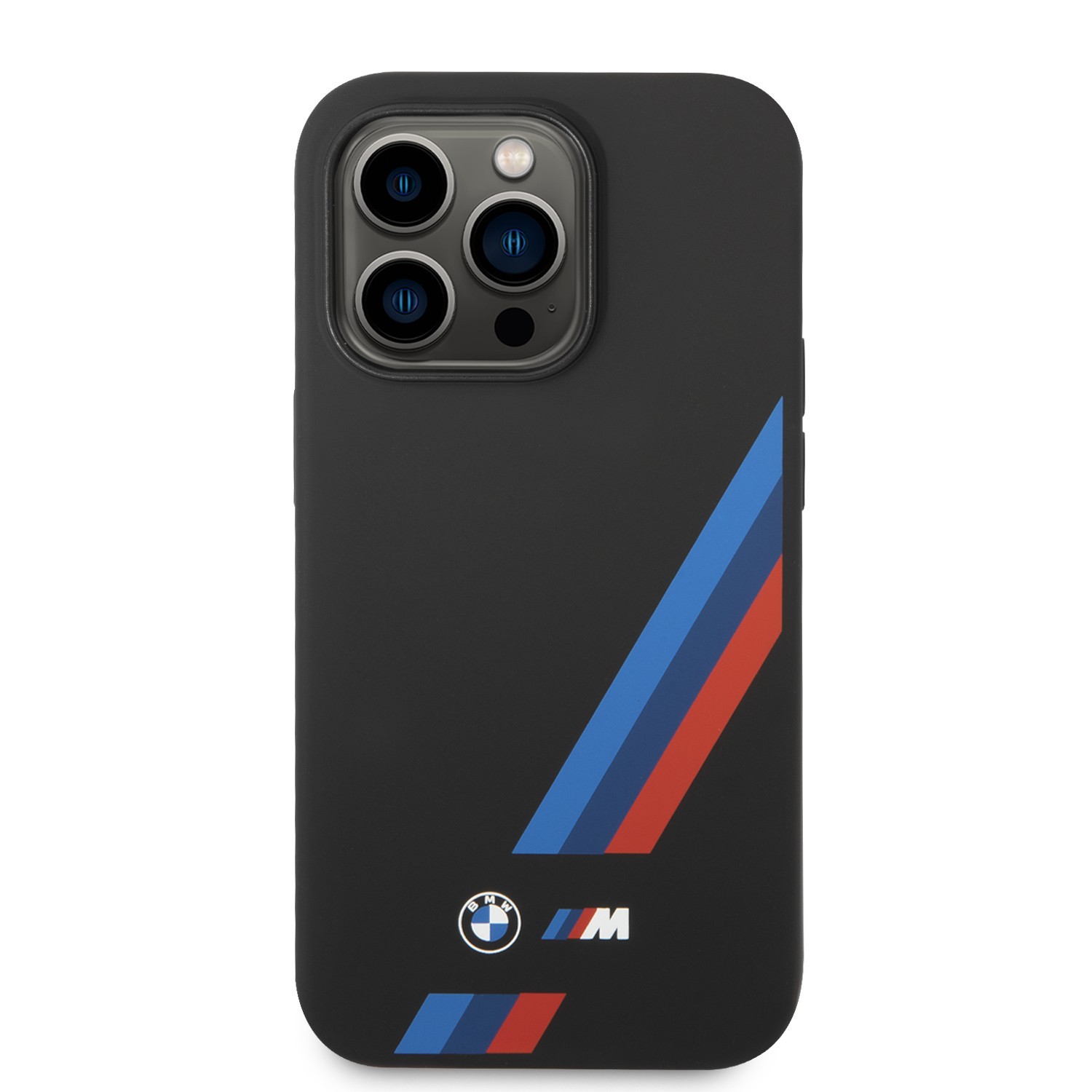 BMW M Collection Magsafe Compatibility Liquid Silicone Case Slanted Tricolor Stripes iPhone 14 Pro Compatibility - Black