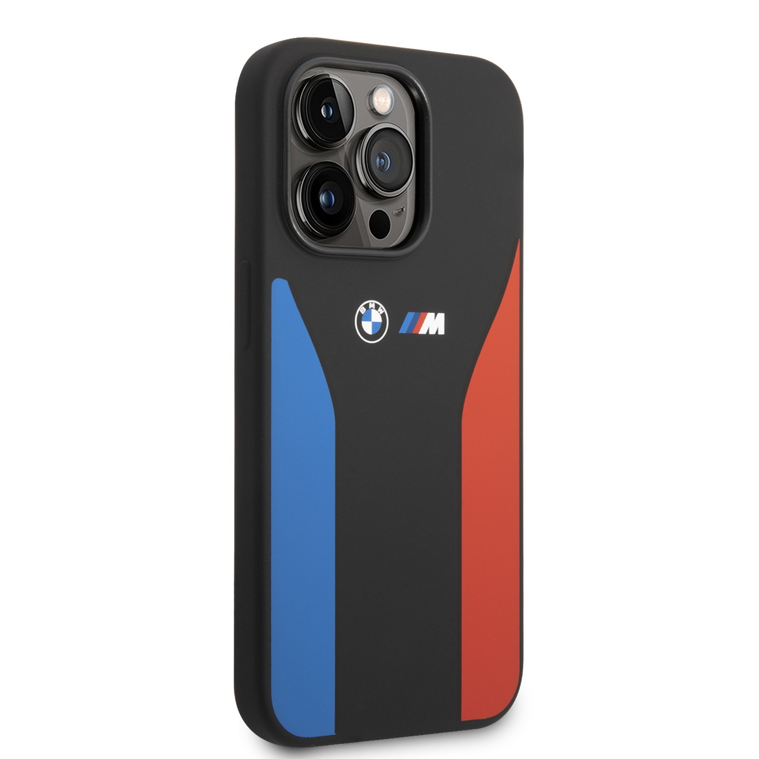 BMW M Collection Liquid Silicone Case With Tricolor Print & Logo For iPhone 14 Pro - Black