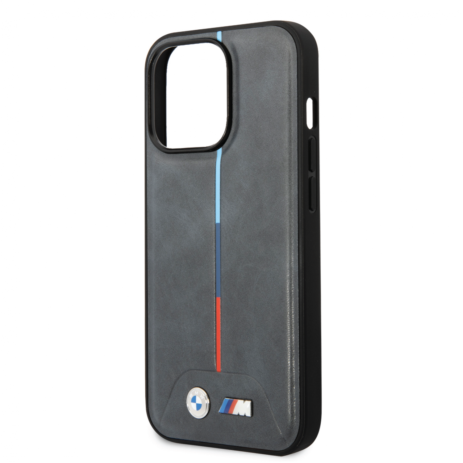 BMW M Collection Quilted PU Case With Hot Stamped Tricolor Stripe And Printed Logo For iPhone 14 Pro Max - Gray