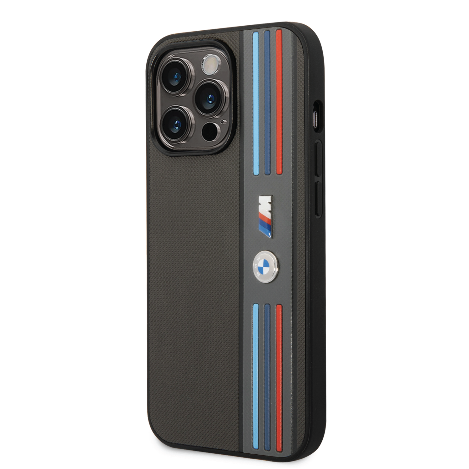 BMW M Collection Quilted PU Case With Hot Stamped Tricolor Stripe And Printed Logo For iPhone 14 Pro - Gray