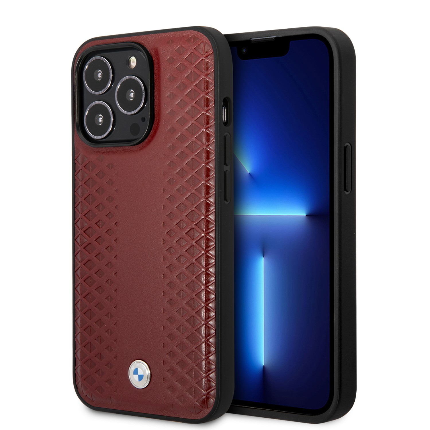 BMW Signature Collection Genuine Leather Case With Diamond Hot Stamp Pattern For iPhone 14 Pro Max - Burgundy