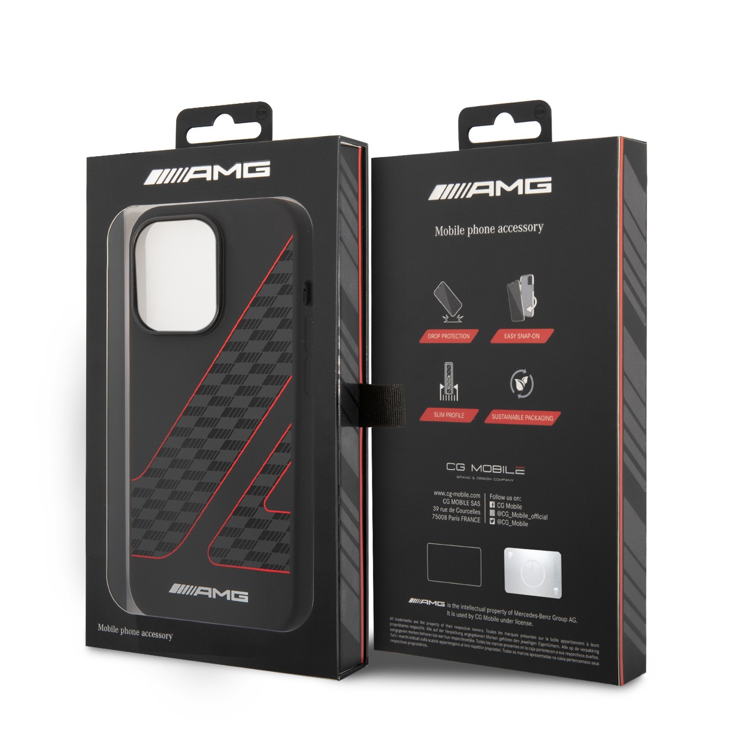 AMG Liquid Silicone Case With Checkered Flag Pattern For iPhone 14 Pro - Black/Red