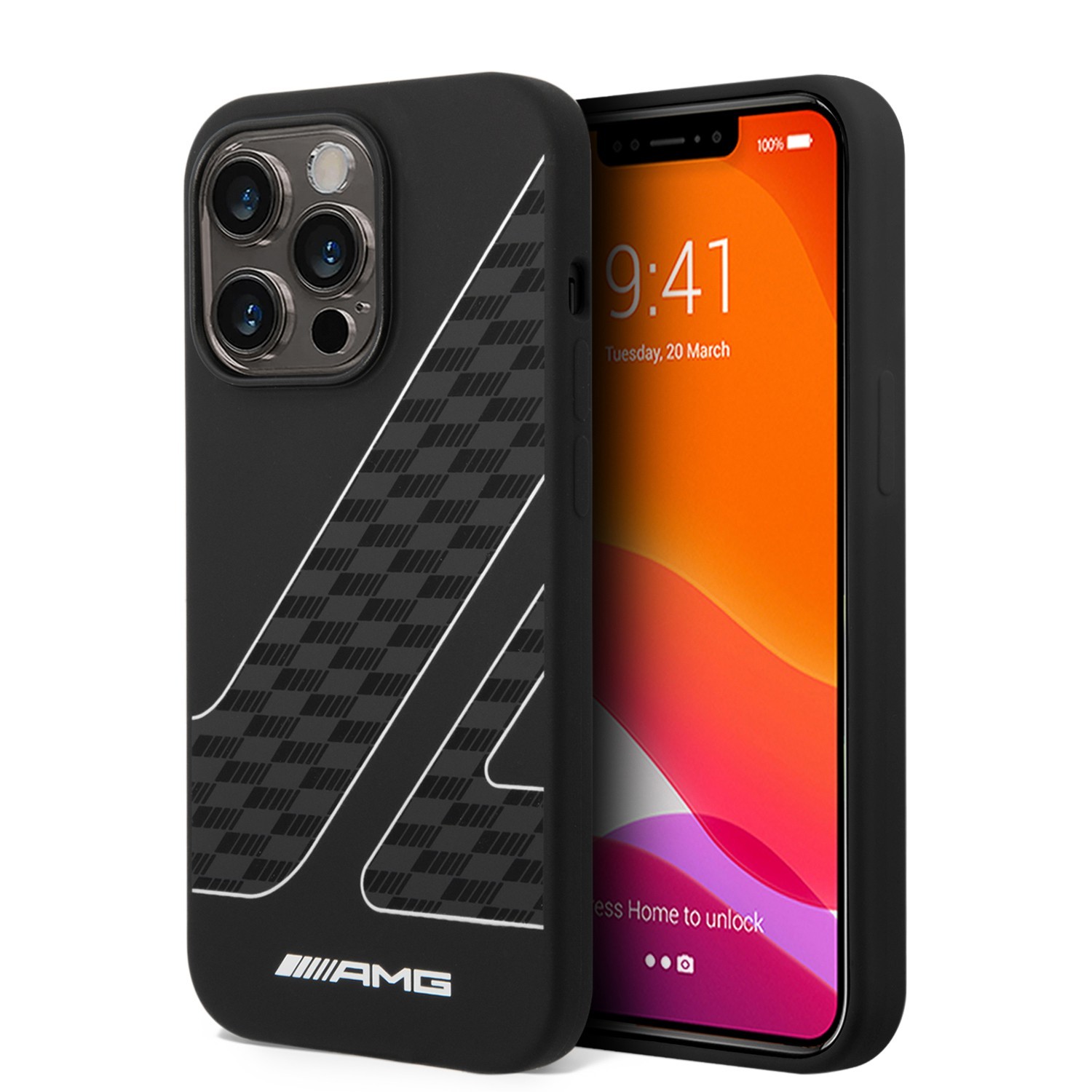 AMG Liquid Silicone Case With Checkered Flag Pattern For iPhone 14 Pro - Black/White