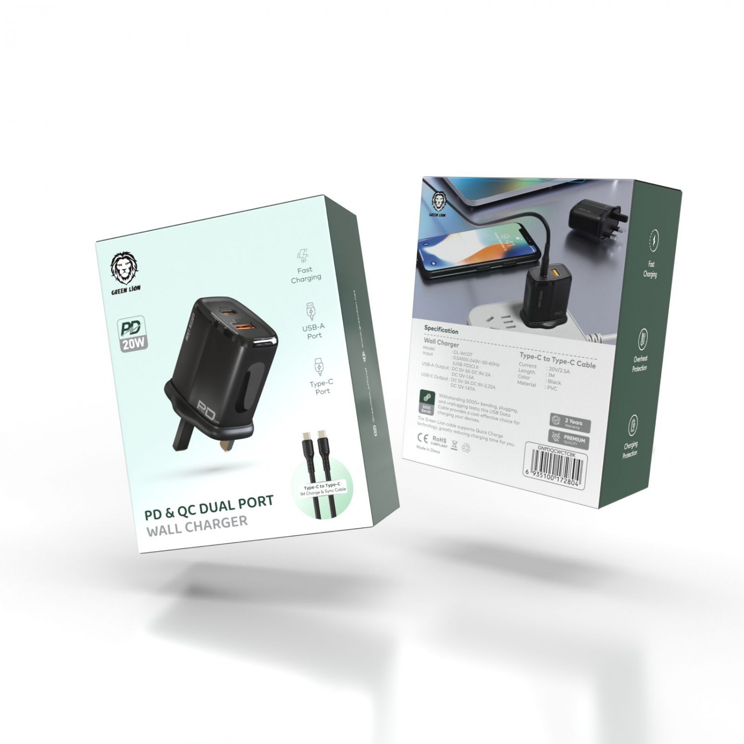 Green Lion QC3.0+PD(One-way solution)20W +TC- TC data cable 1m Black/Orange