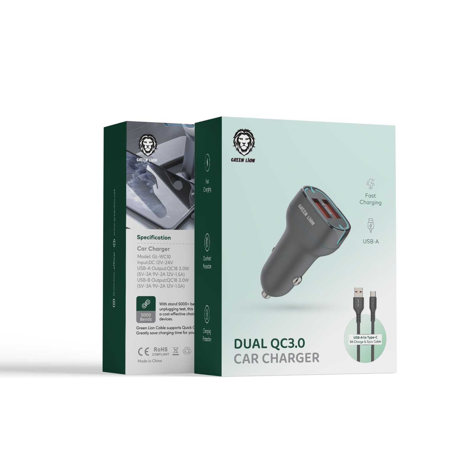 Green Lion Car Charger QC18w+QC 18w Total 36w USB-Type-C Cable 1M - Black