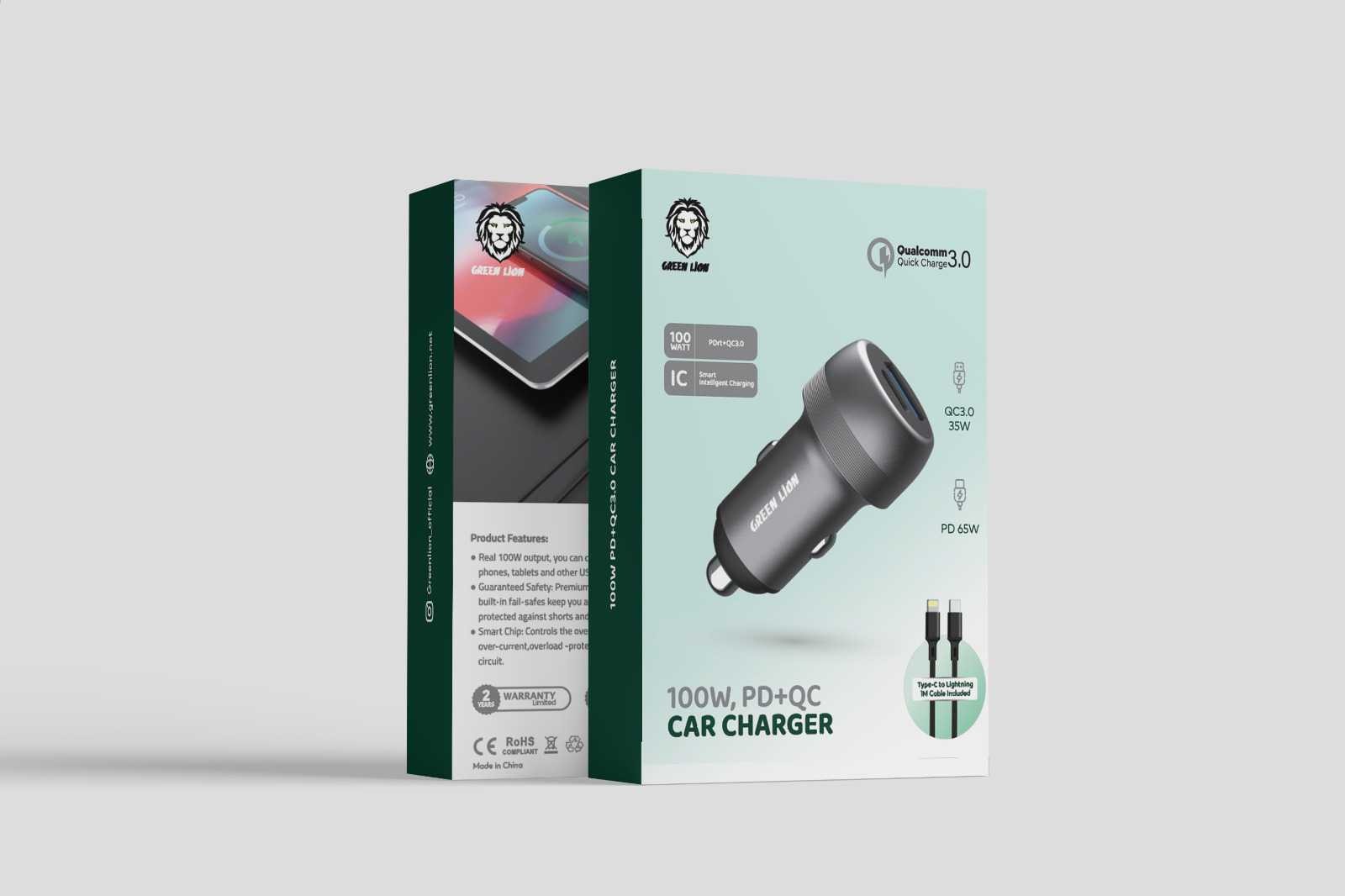 Green Lion PD+QC Car Charger 100W with Type-C to Lightning Cable 1M - Gray